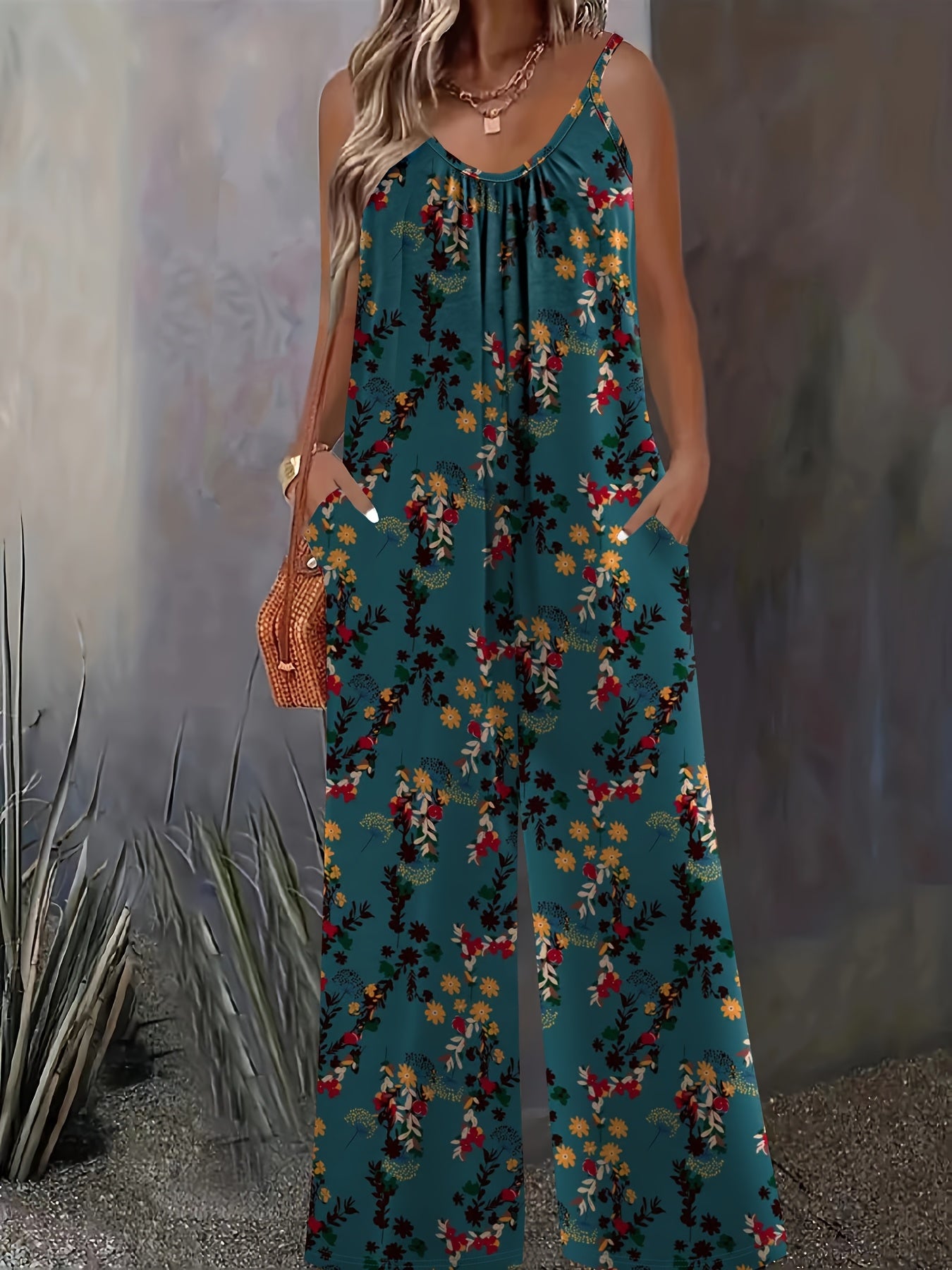 Plus-Size Casual Jumpsuit with 3D Floral Print Pockets Vacation Style