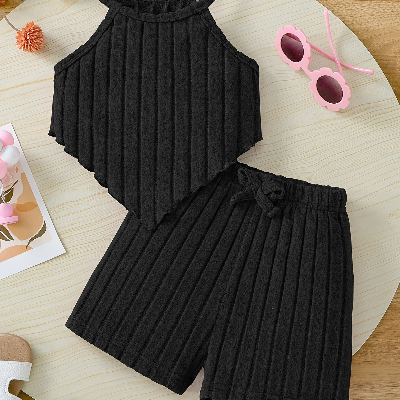 Летний комплект для девочек включает топ-корсет и фиолетовые шорты из трикотажной ткани, моется в машине, подходит для активного отдыха