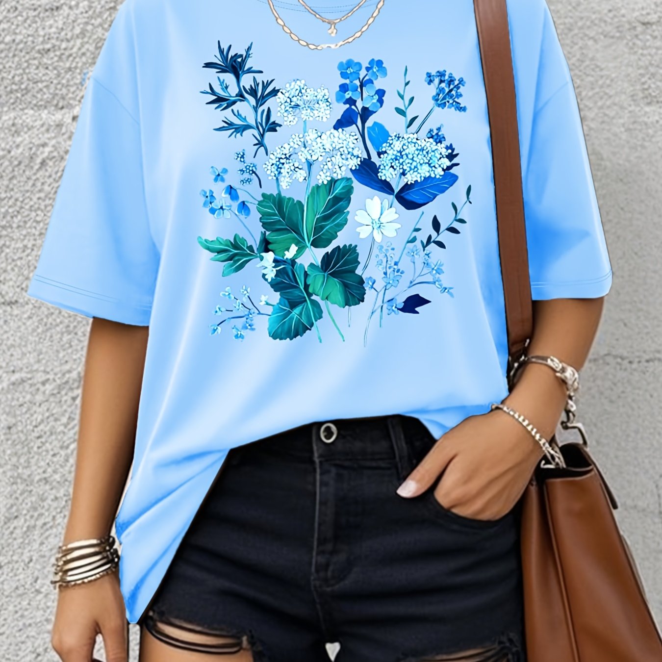 Women's Floral Print T-Shirt Soft Stretchy Loose Fit Casual Top for Spring Summer