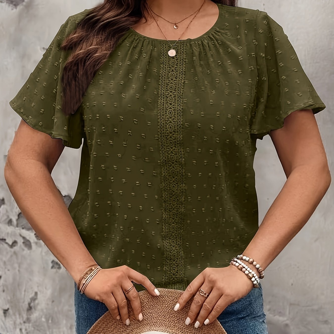 Plus Size Women's Smocked Blouse Black Short Sleeve Casual Formal Top