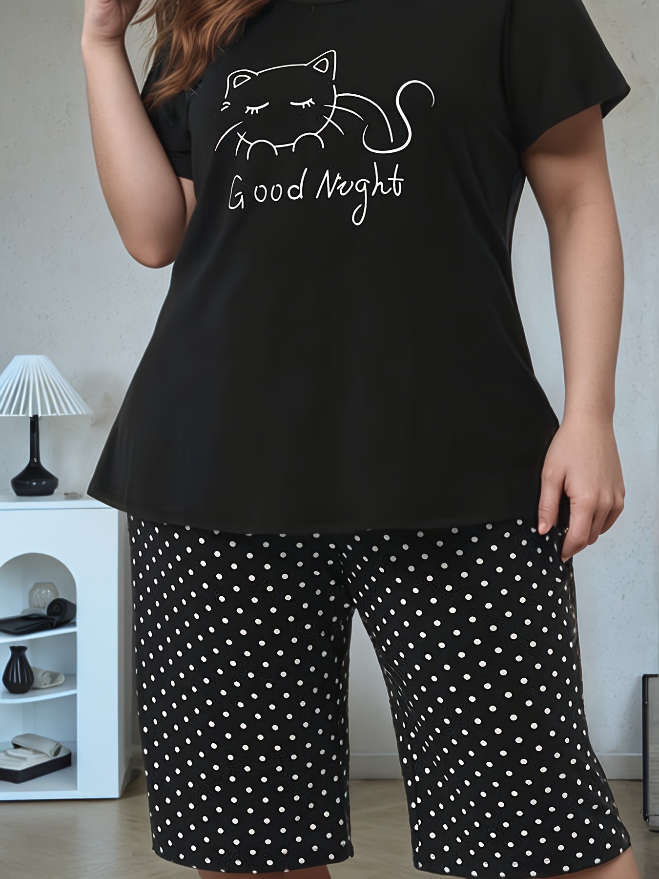 Conjunto de pijama casual de algodón de manga corta para mujer con estampado de gatito