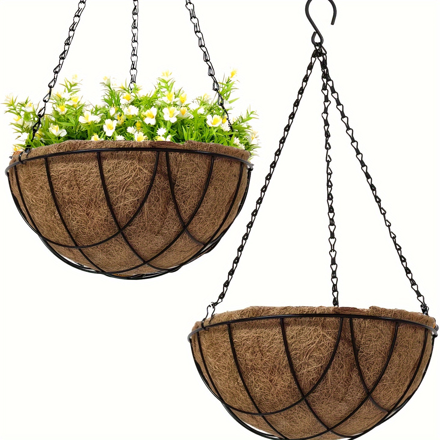 Set of 2 Metal Hanging Plant Baskets 10-Inch Round Wire with Coconut Liners for Outdoor Garden Decor