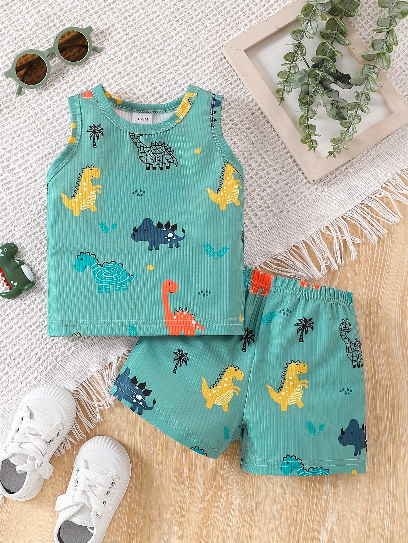 Kids Boys Summer Dinosaur Print Sleeveless Vest and Shorts Set