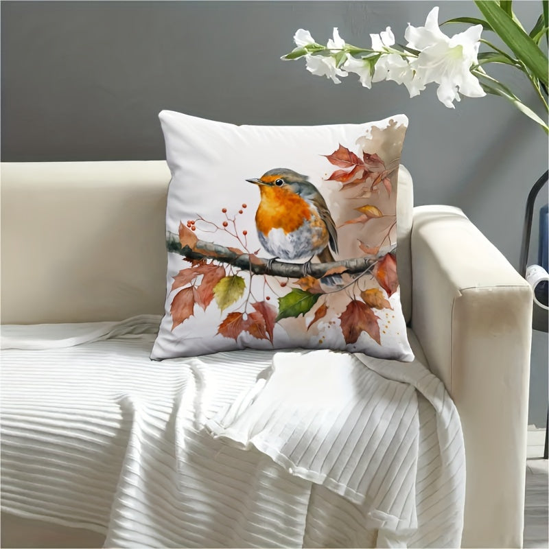 Autumn Robin Watercolor Decorative Pillow Cover Polyester Zipper Machine Washable