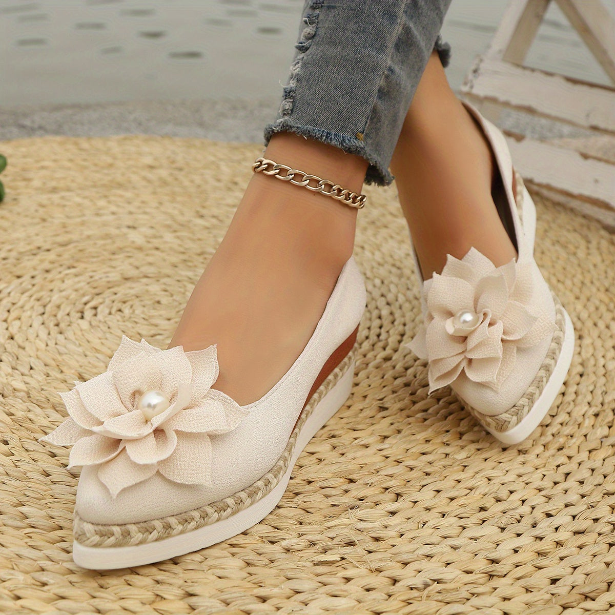 Women's Floral Embellished Pointed Toe Wedge Shoes with Cushioned Sole