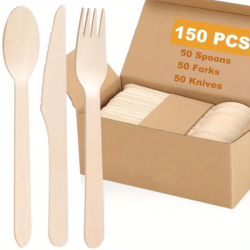 150 Disposable Birch Wood Utensils Pack 16cm for Parties Camping Weddings