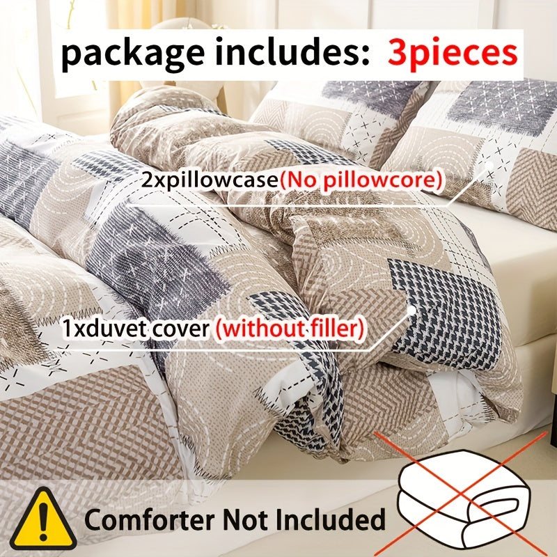 Full Size Cozy Duvet Cover Set with Patchwork Design and Zipper Closure Includes 1 Duvet Cover and 2 Pillowcases