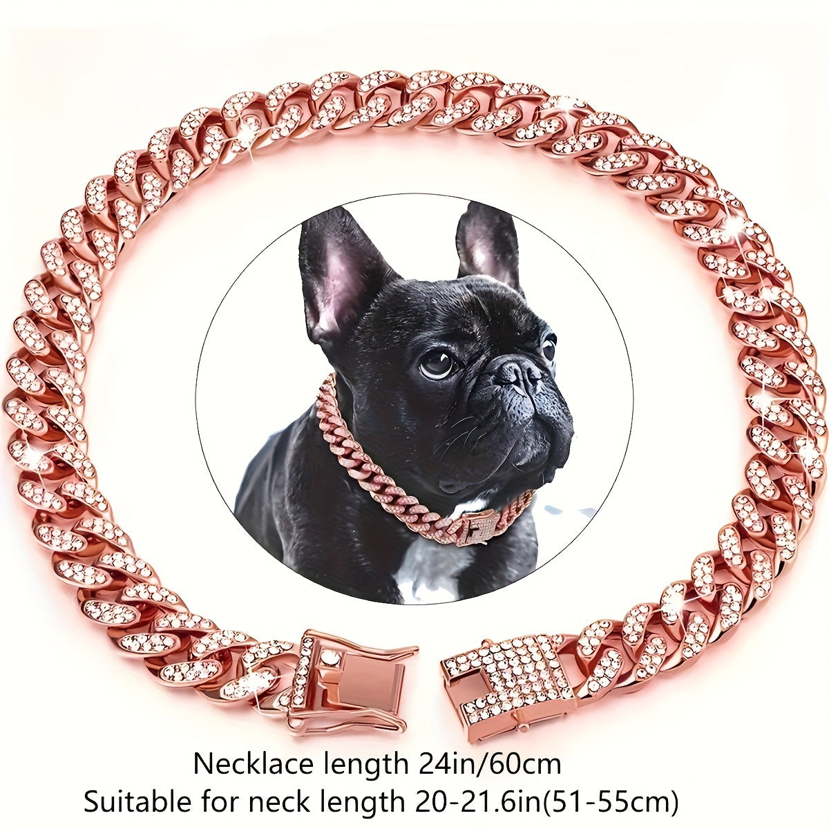 Dog Collar with Rhinestones Cuban Link Stainless Steel 13mm Wide Adjustable