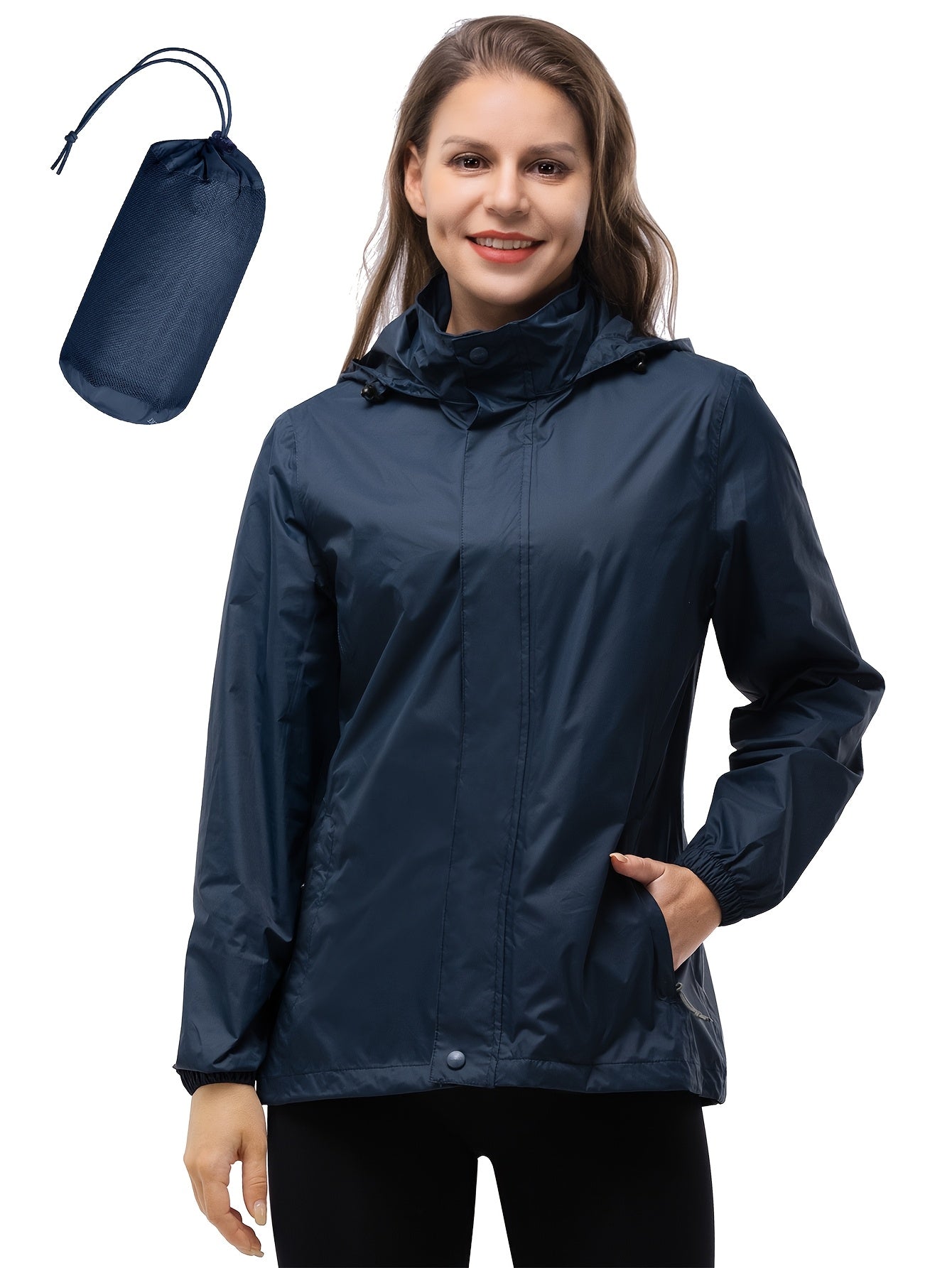 Women’s Lightweight Windbreaker Jacket with Hood, Zipper Pockets, Navy Blue, Plus Size