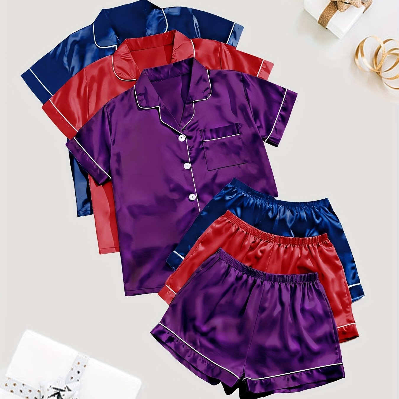 Women's Satin Sleepwear Set Short Sleeve Button Top Elastic Shorts Summer Casual