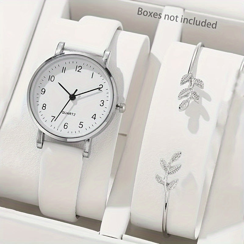 Women's White Quartz Watch and Leaf Open Bracelet Set for Gifting
