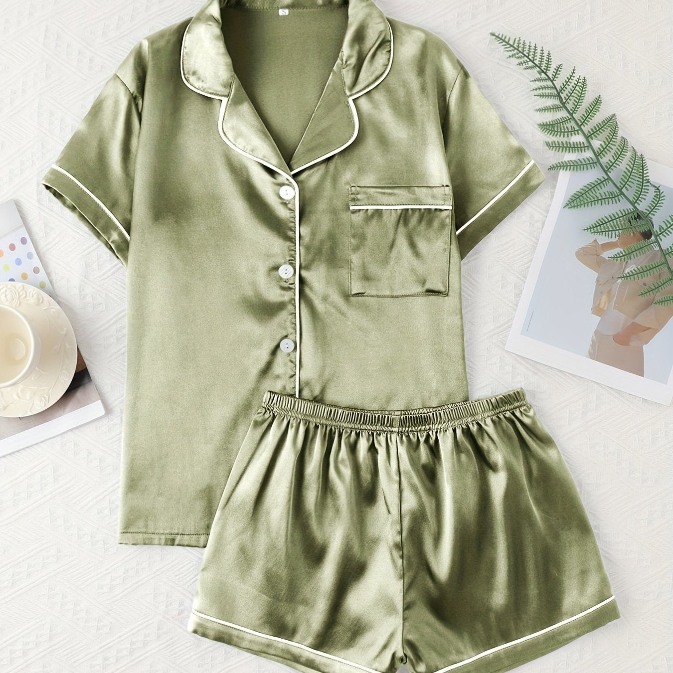 Adult Satin Solid Color Double Shorts Pajama Set