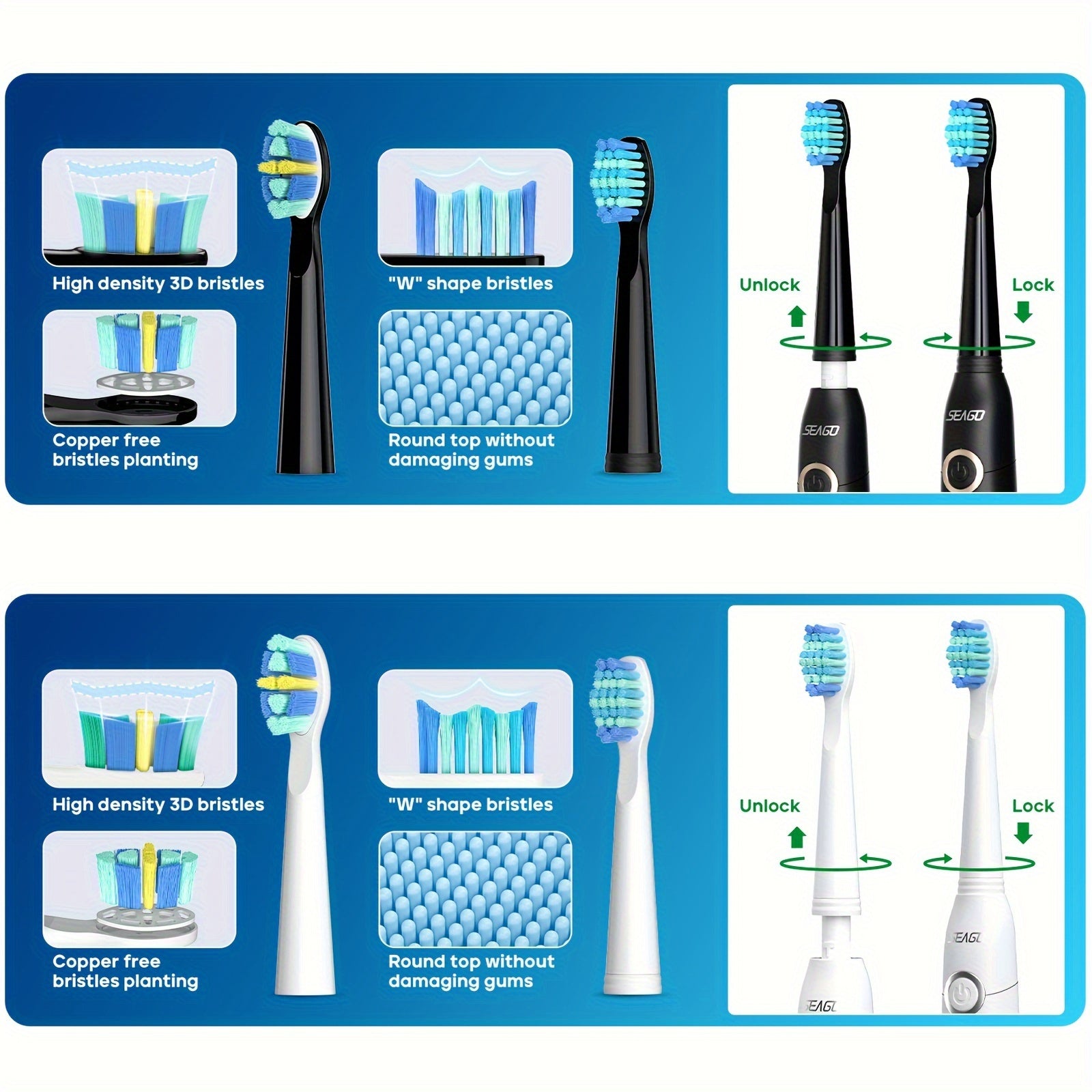 Cepillo de dientes eléctrico para adultos negro y blanco, recargable, 8 cabezales de cepillo