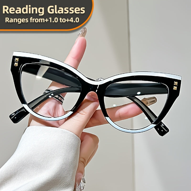 Cat Eye Reading Glasses with Metal Hinge and Color Block Design +1.0 to +4.0