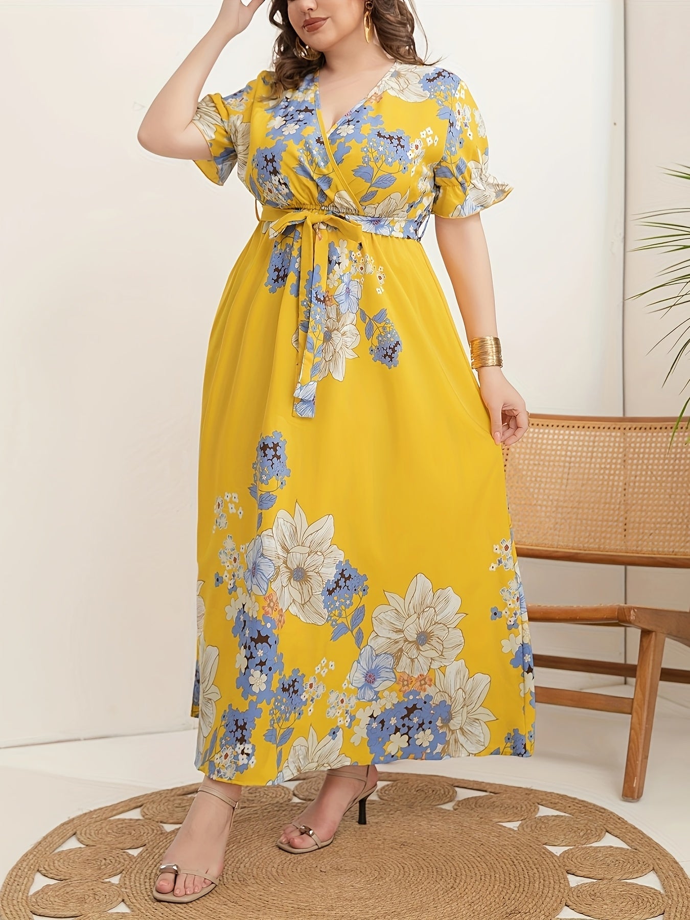 Women's Plus Size V-Neck Tunic Dress Polyester All-Season Striped Belt