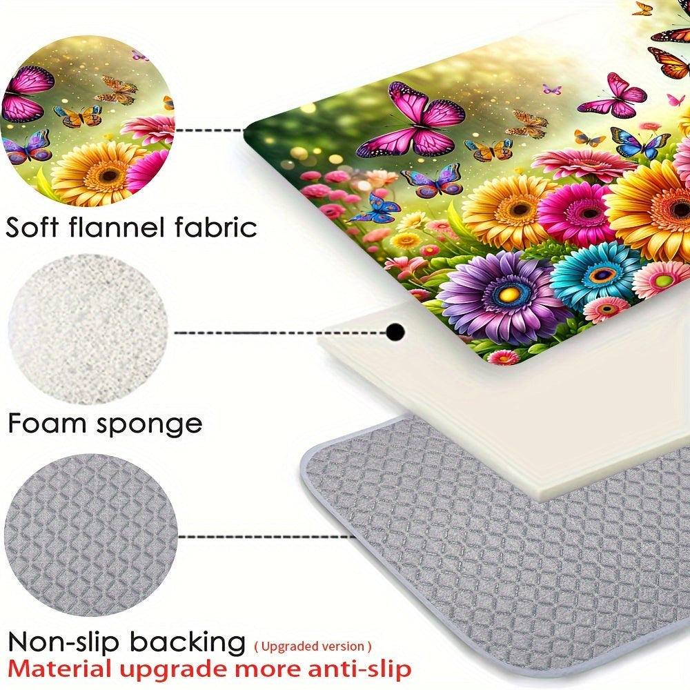 Flannel Flower Kitchen Rug Waterproof Non-slip Absorbent Anti-fatigue Mat with Sunflower Design