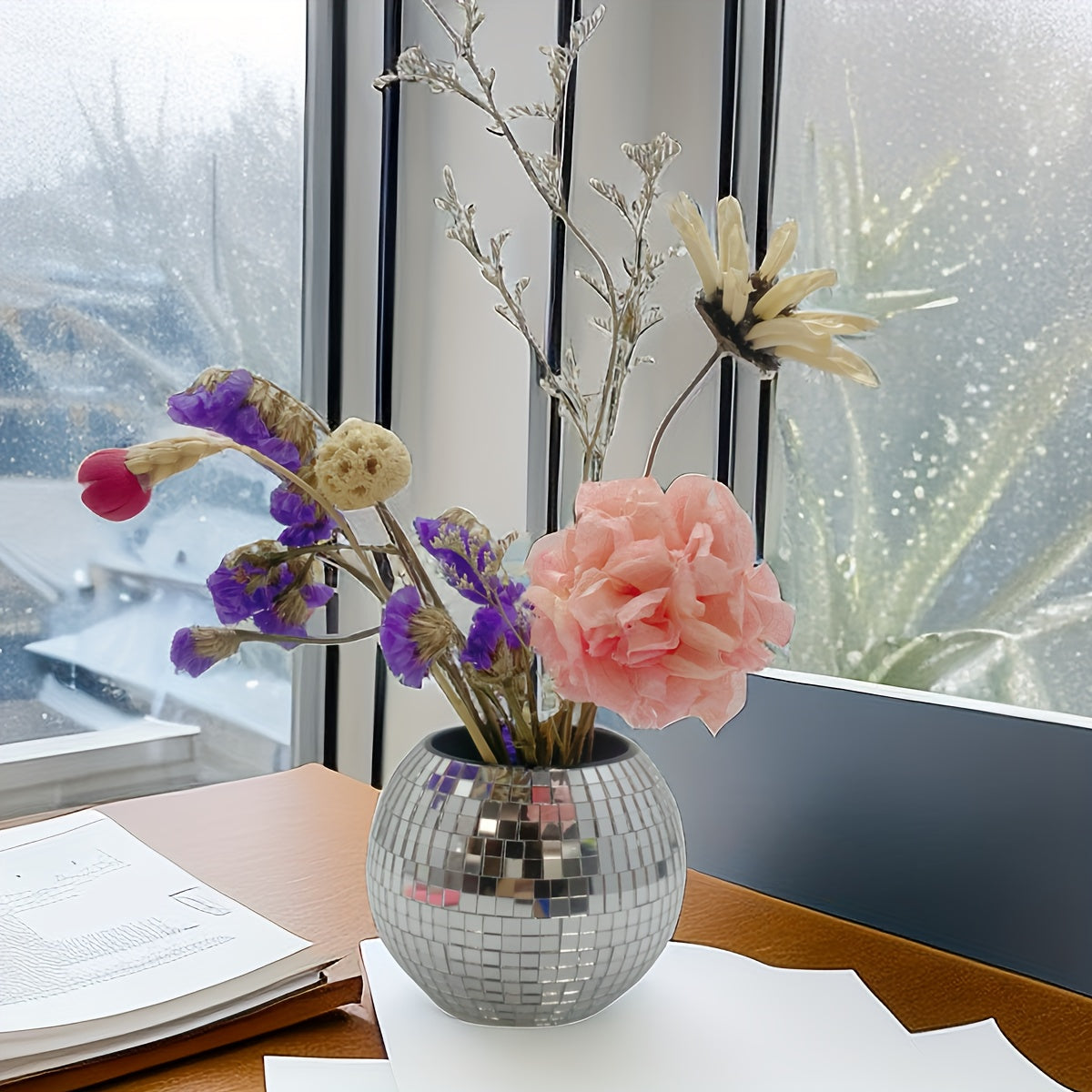 Mini Disco Ball Planter and Desk Organizer for Pens and Makeup Plastic Polished