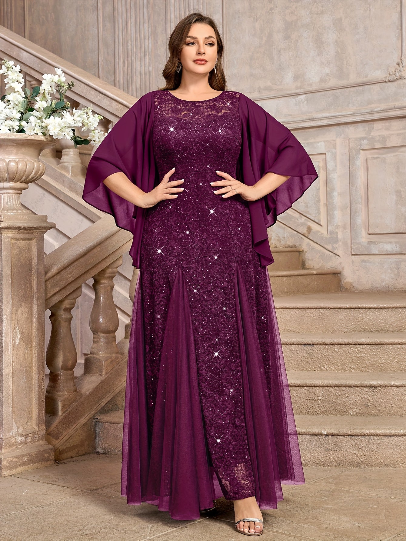 Elegant Floral Mermaid Dress with Butterfly Sleeves Sequin Lace Mesh Evening Gown