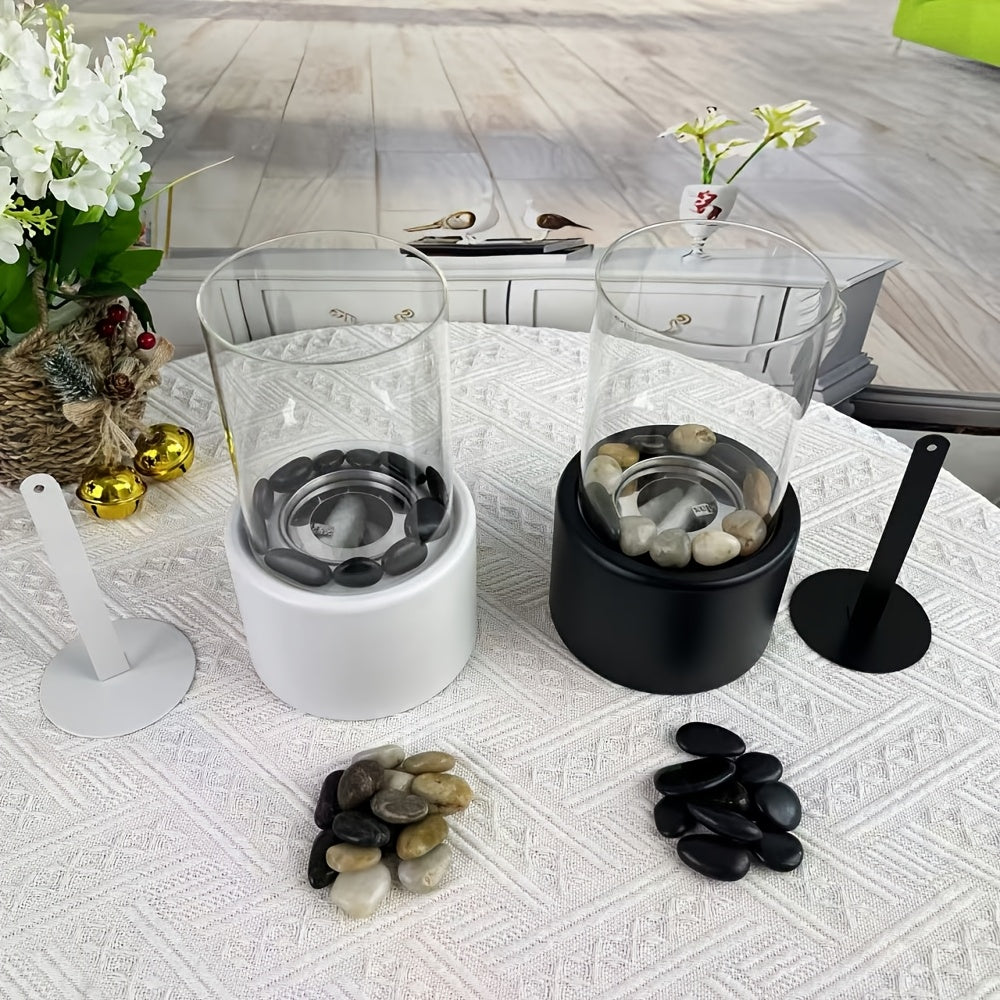 Portable Round Fireplace for Dining Table with Black and Color Stones, Includes Roasting Forks and Silicone Glove