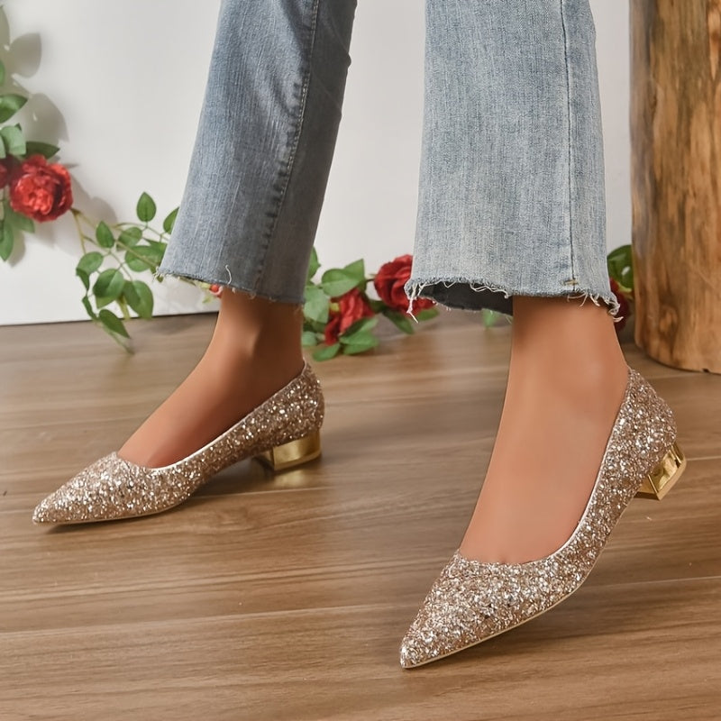 Women's Glittery Pointed Toe Flats with Low Heel and Rubber Sole