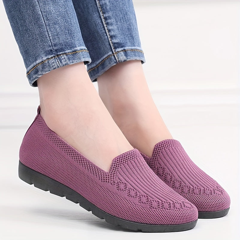 Women's Breathable Slip-On Flats with Solid Knit Upper and Rubber Sole