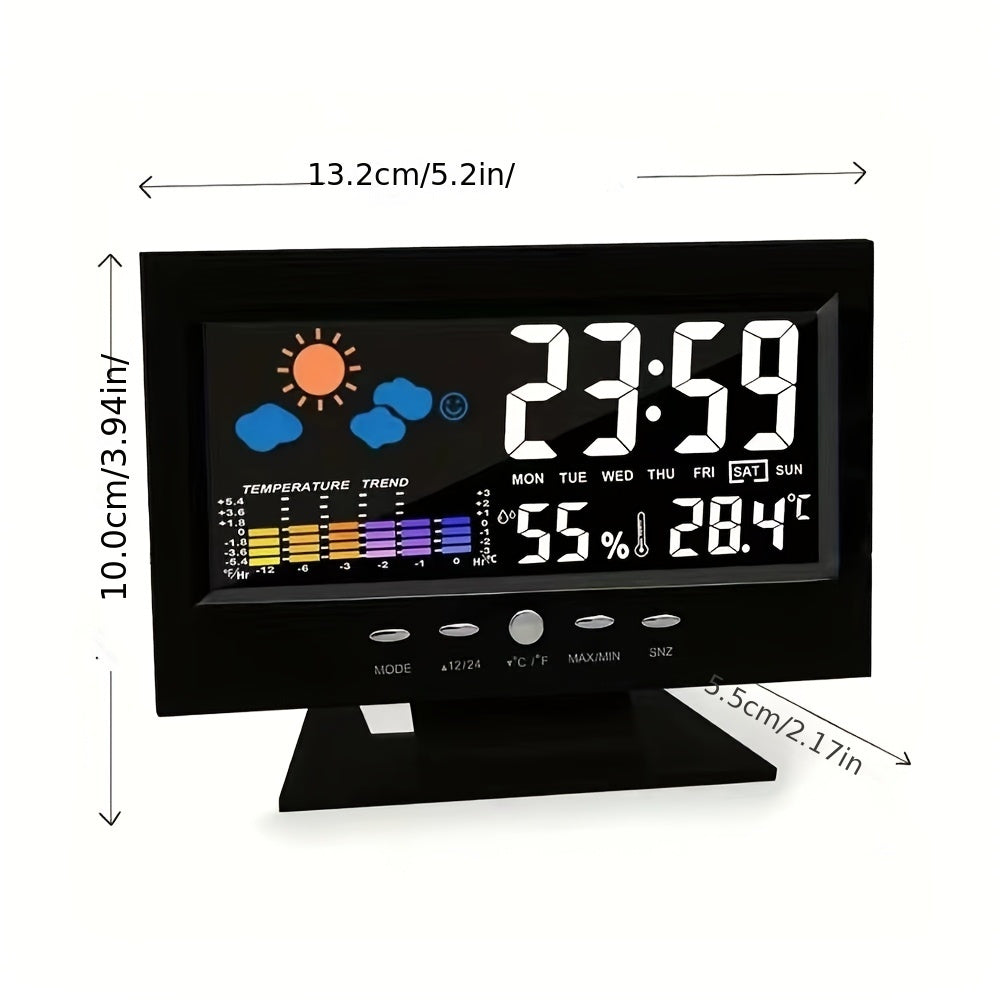 Ko'p funksiyali Smart Clock ni taqdim etamiz, unda ovoz bilan boshqariladigan yoritish, raqamli displey, signal, termometr va gygrometr mavjud. U vaqt, sana, haftaning kuni, harorat va namlikni uyda va ofisda kuzatib borish uchun mukammal.