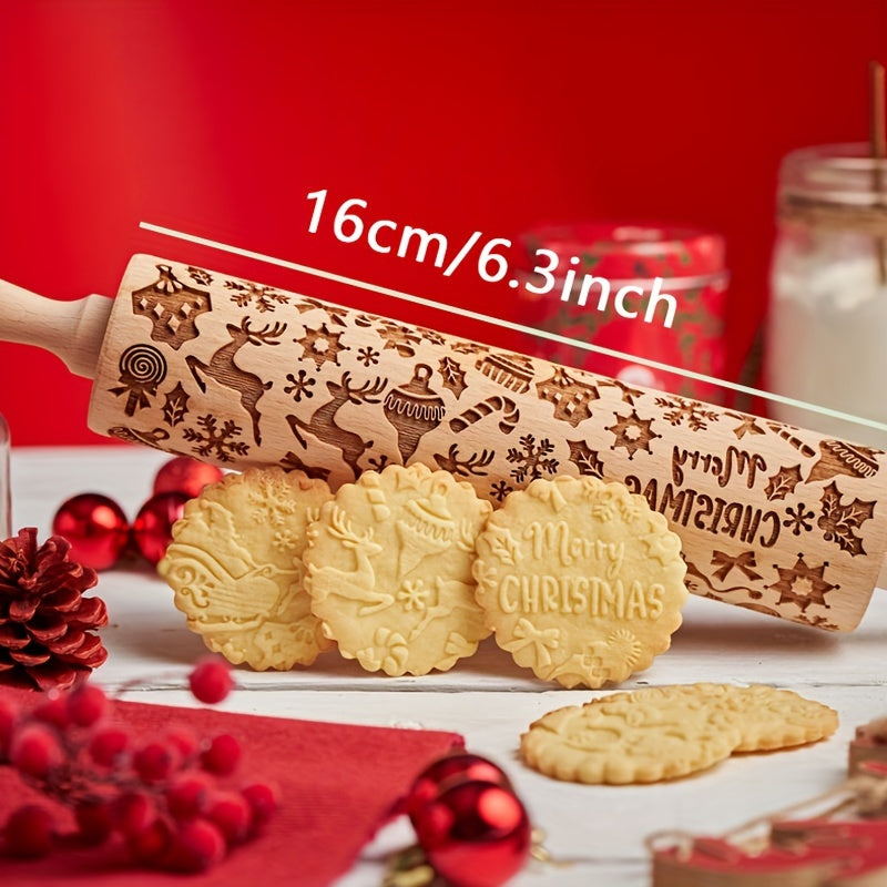 Festive Christmas Elk Print Wooden Rolling Pin Embossed and Laser Carved Kitchen Tool