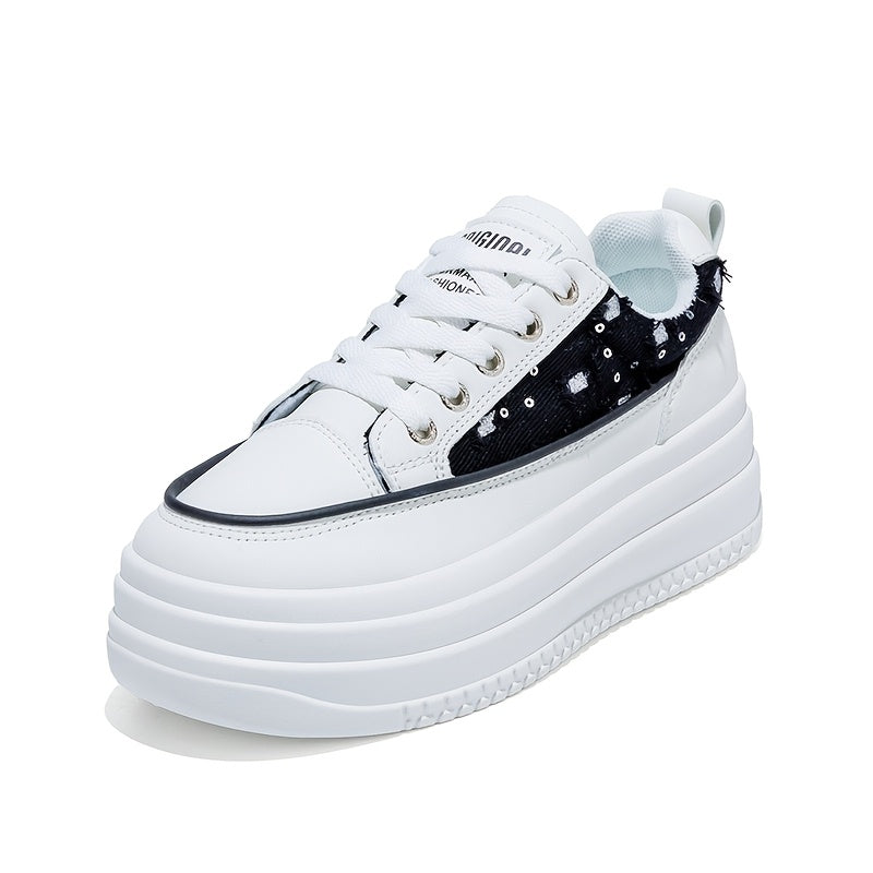 Women's Casual White Sneakers Low-Top Lace-Up Breathable Fabric
