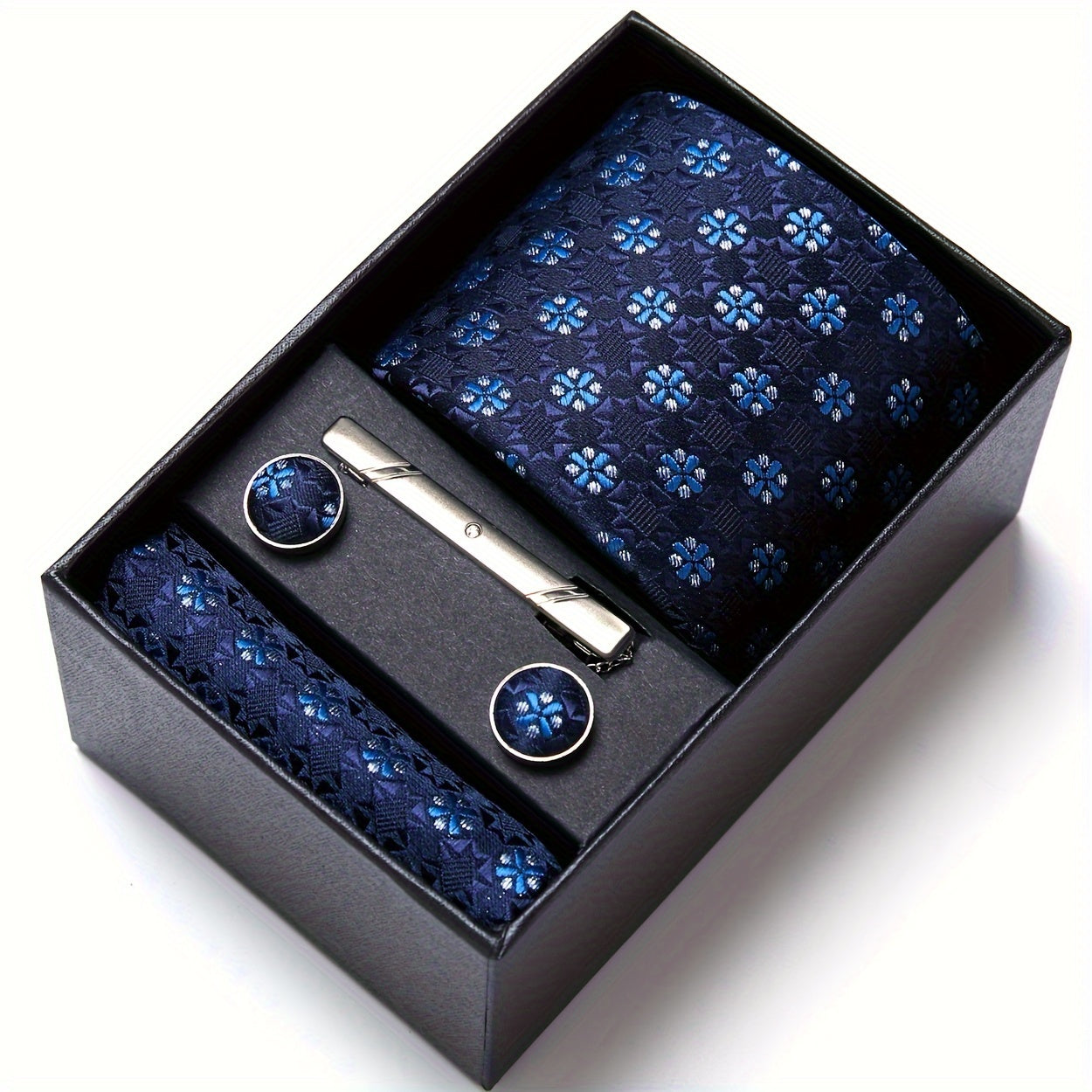 Men's Blue Tie Set with Pocket Square Cufflinks and Tie Clip for Weddings and Occasions