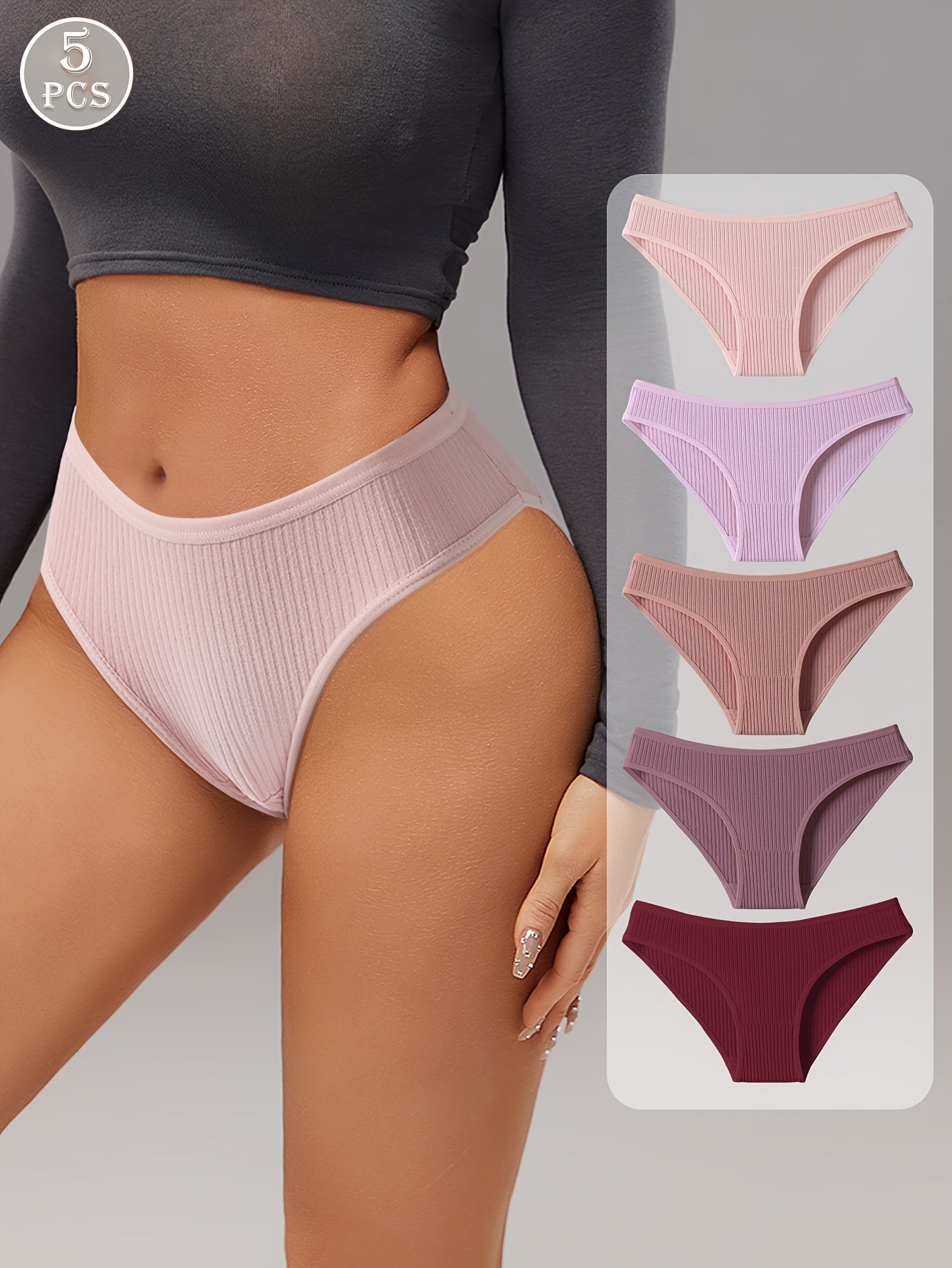 Women's Purple Ribbed Triangle Panties 5-Pack Cotton Comfortable Lingerie