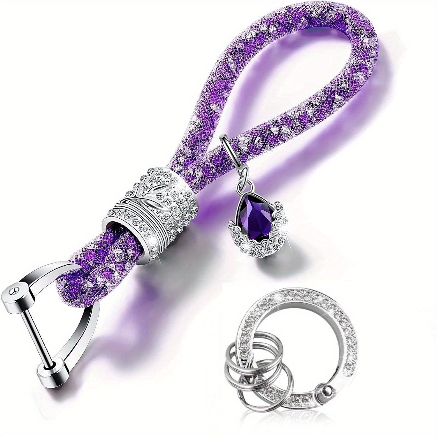 Crystal Bling Car Keychain for Women, Rhinestone Ring and Strap Accessory