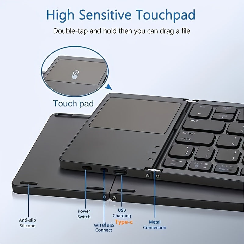 Wireless Foldable Compact Keyboard with Touchpad Type-C Charging and Frosted Finish