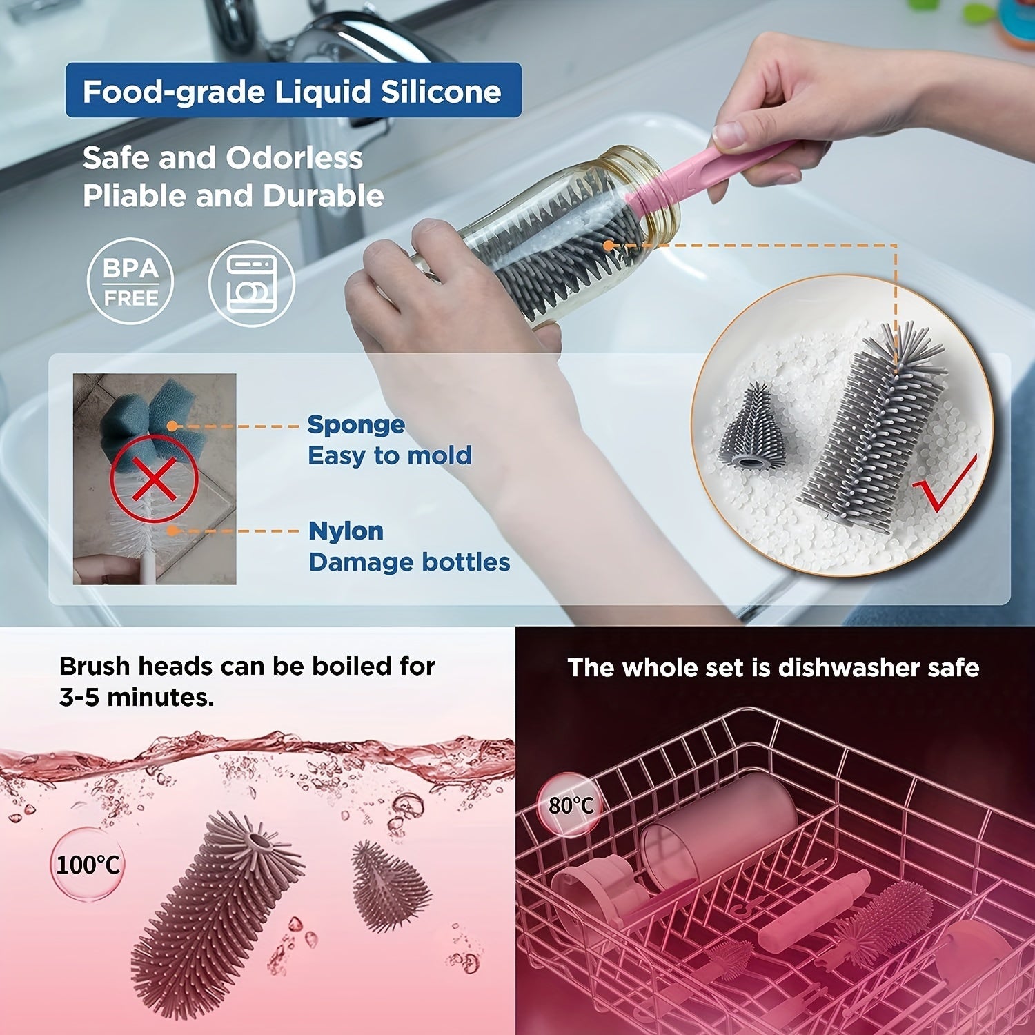 Juego de limpieza para botellas de viaje con cepillo de silicona extensible, limpiador de pajillas y dispensador