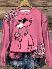 Women’s Plus Size Polyester Cartoon Animal Print Sweatshirt Long Sleeve Fall Winter Pullover Pink Leopard