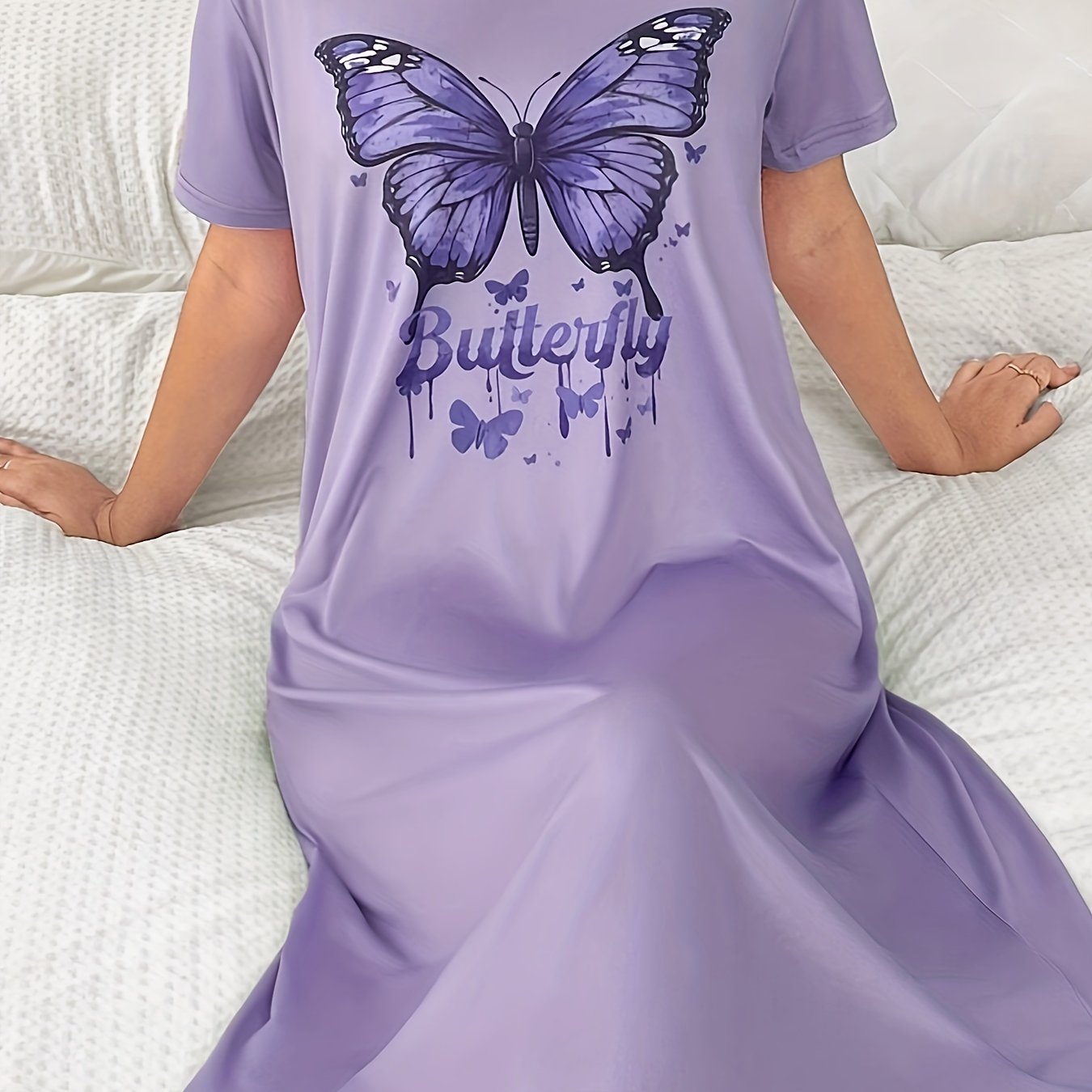 Plus Size Lavender Butterfly Print Sleep Dress Short Sleeve Lounge Nightwear