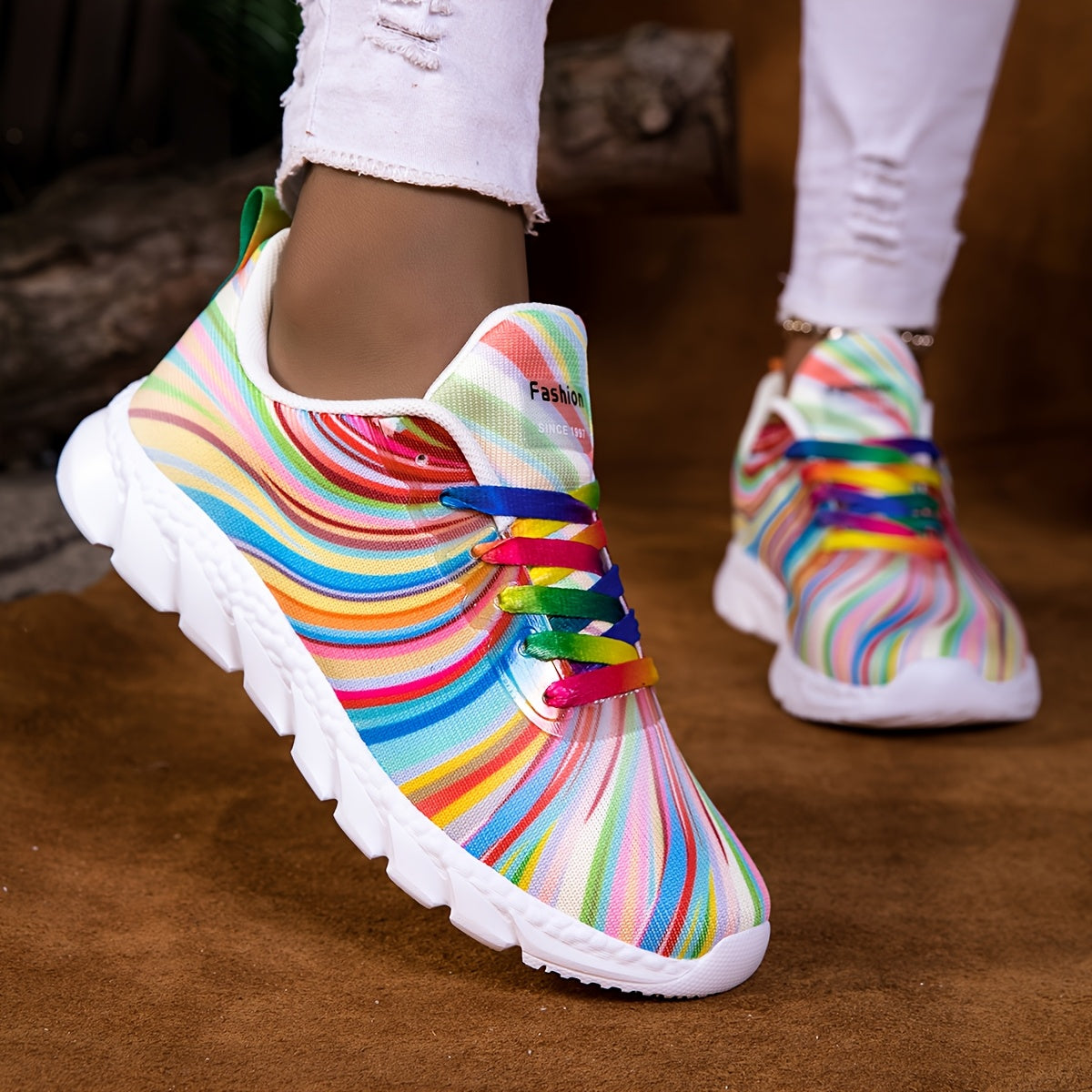 Women's Casual Sneakers Low Top Breathable Fabric Rainbow Stripes Lightweight Shoes