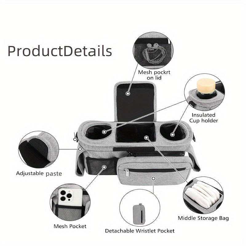 Universal Stroller Organizer with 2 Cup Holders Removable Pockets and Adjustable Straps