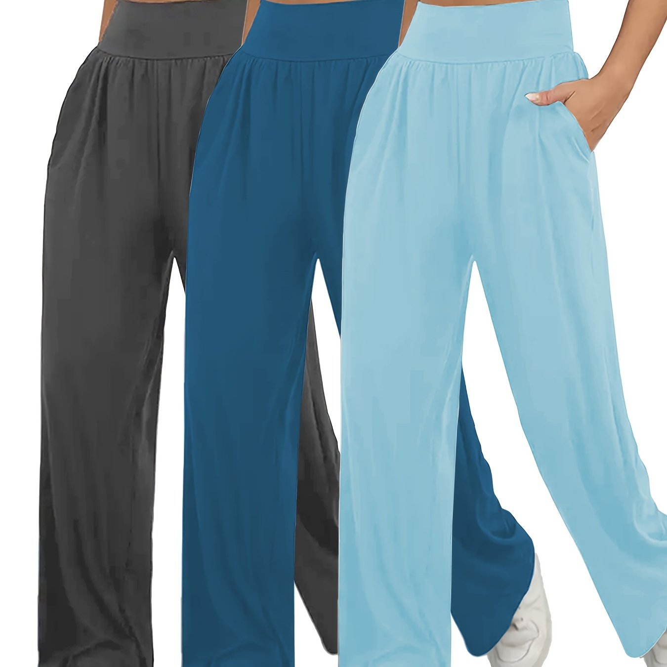 Plus Size Women's Wide Leg Pants with Pockets Casual Elastic Waist Solid Colors
