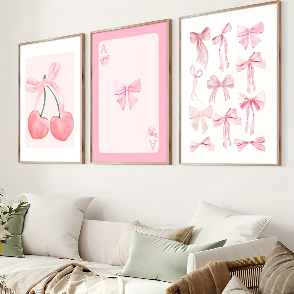 Set of 3 Pink Cherry Bow Canvas Wall Art Prints for Girl Room Bedroom Living Room Decor