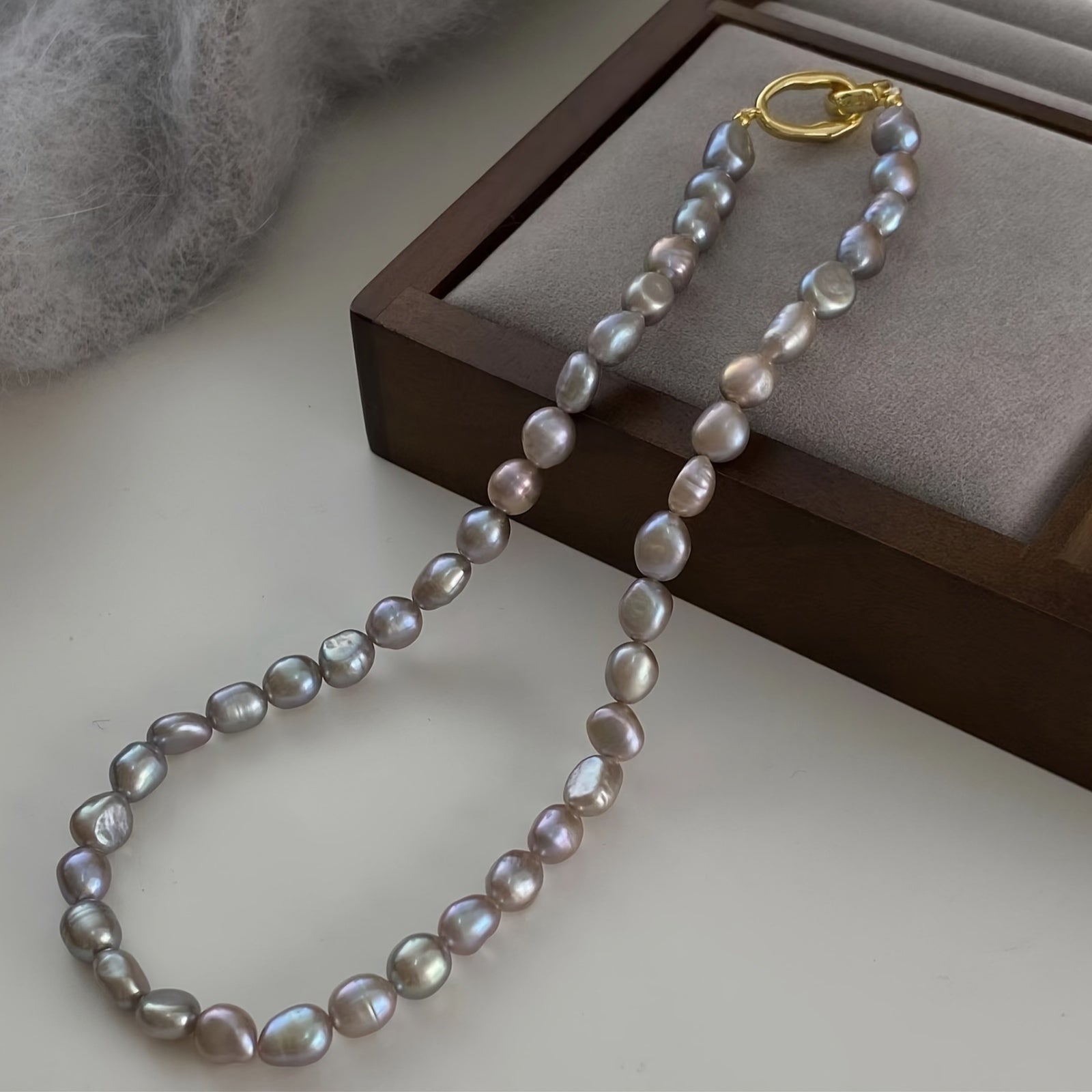 Grey Pearl Necklace with 18K Gold Plated Clasp French Artisan Elegant Statement Jewelry