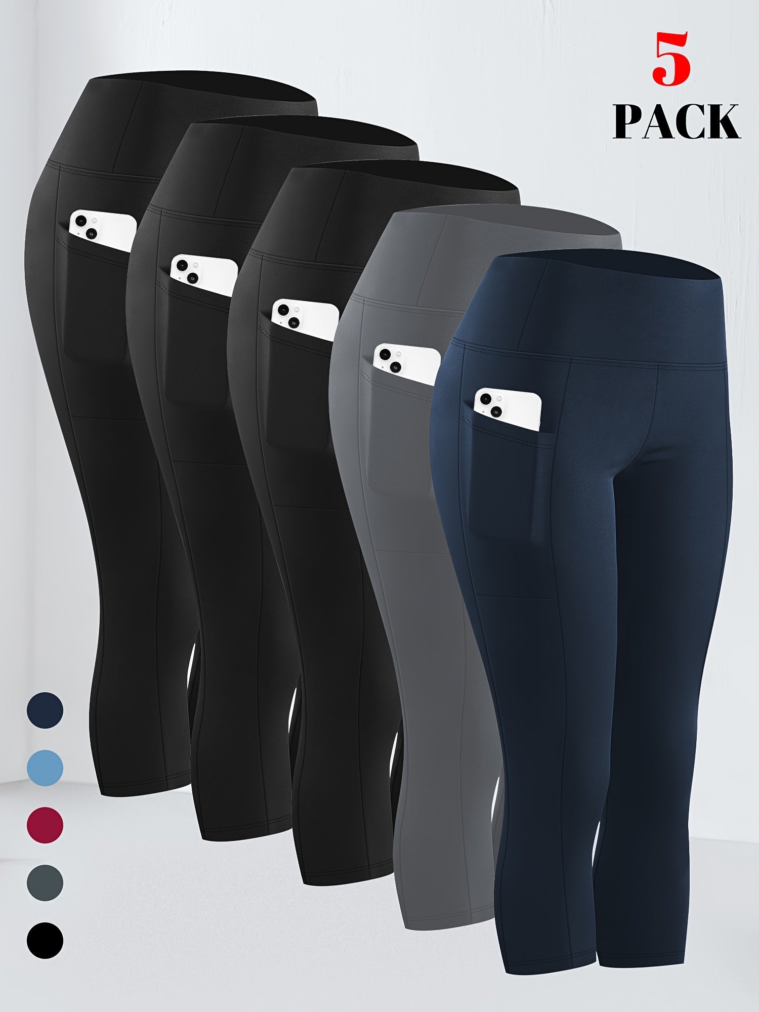 Women's High-Waisted Tummy Control Capri Leggings with Pockets, 4-Way Stretch