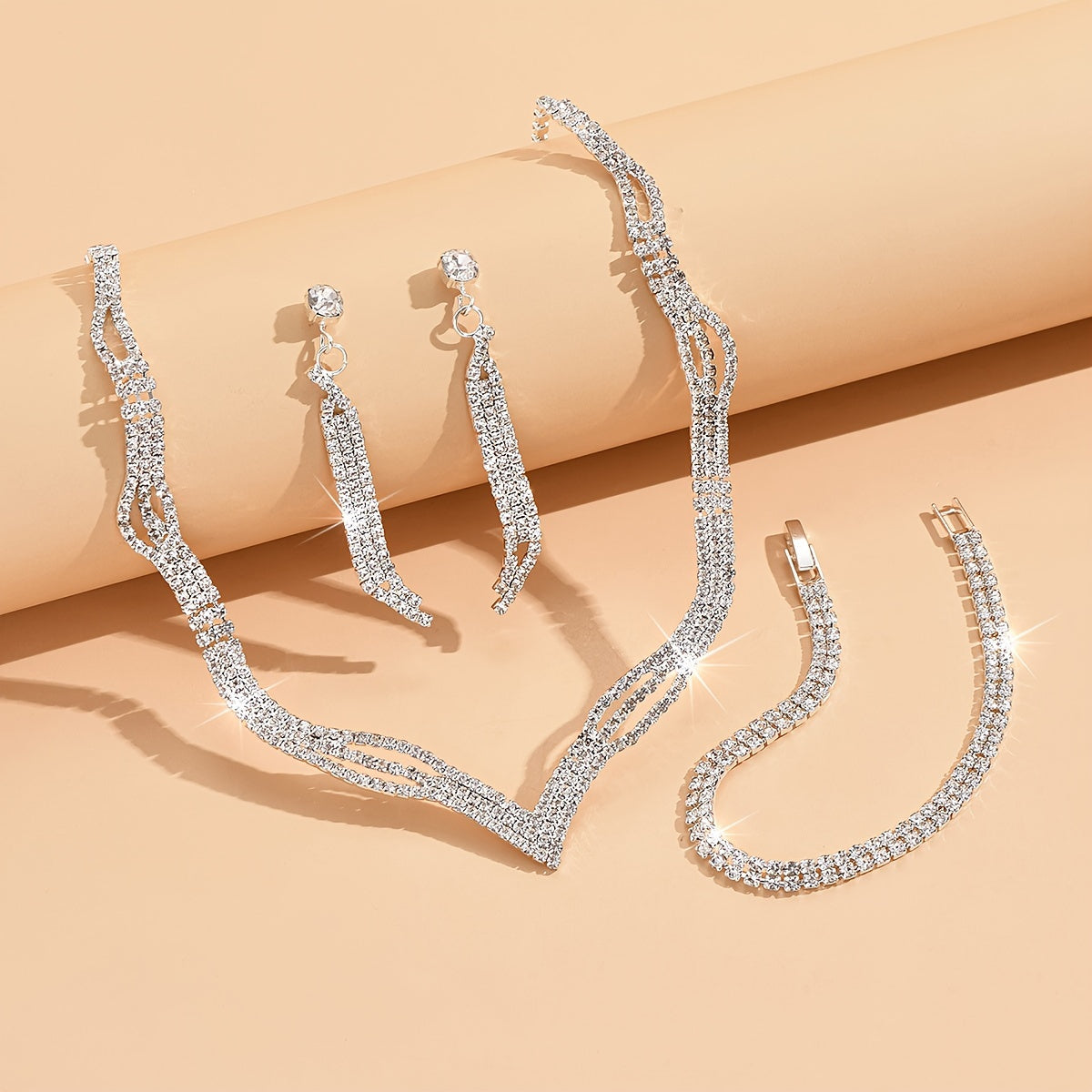 Women's Rhinestone Jewelry Set with Necklace Earrings and Bracelet for Bridal and Party