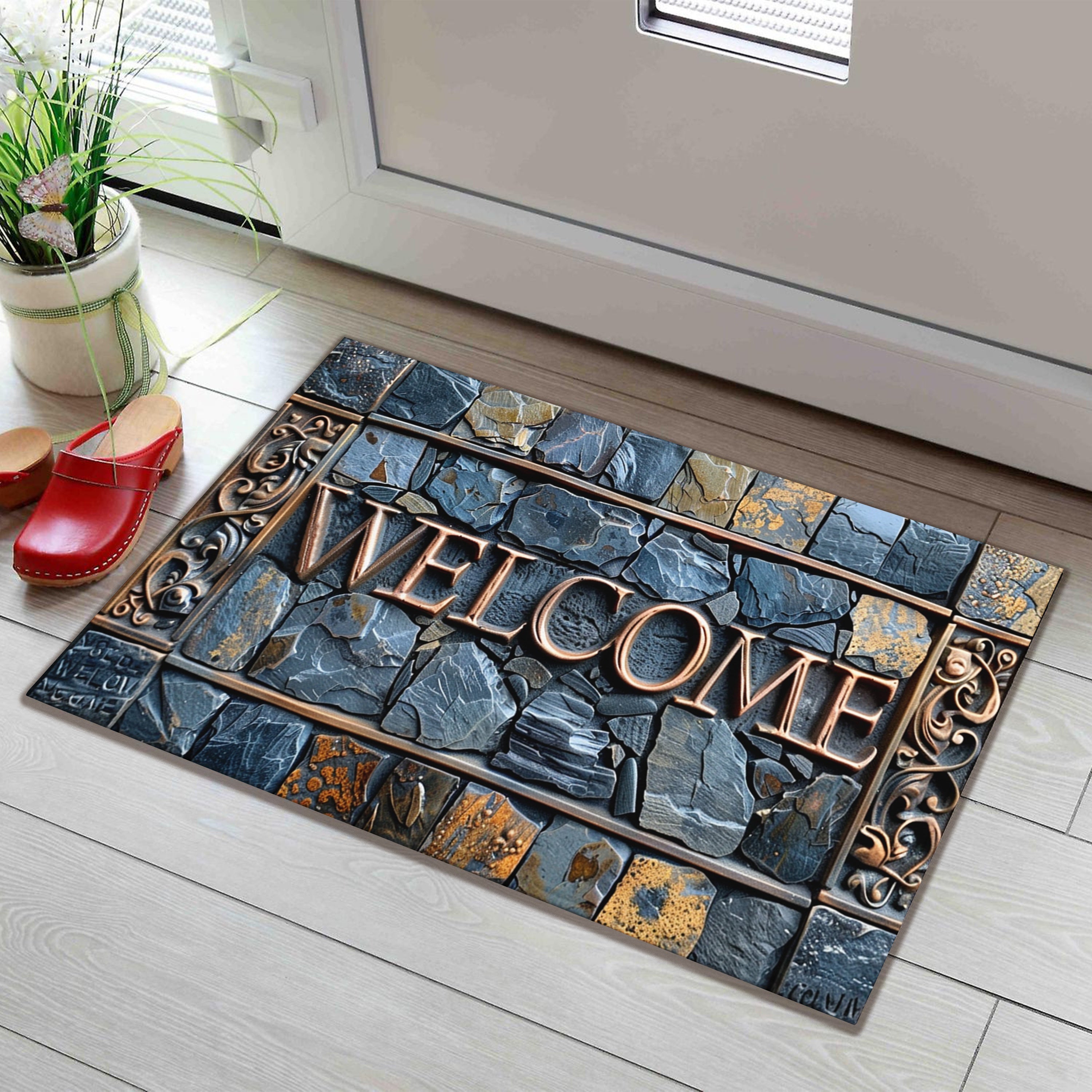 3D Stone Pattern Cobblestone Welcome Mat Waterproof Non-Slip Polyester Entryway Rug