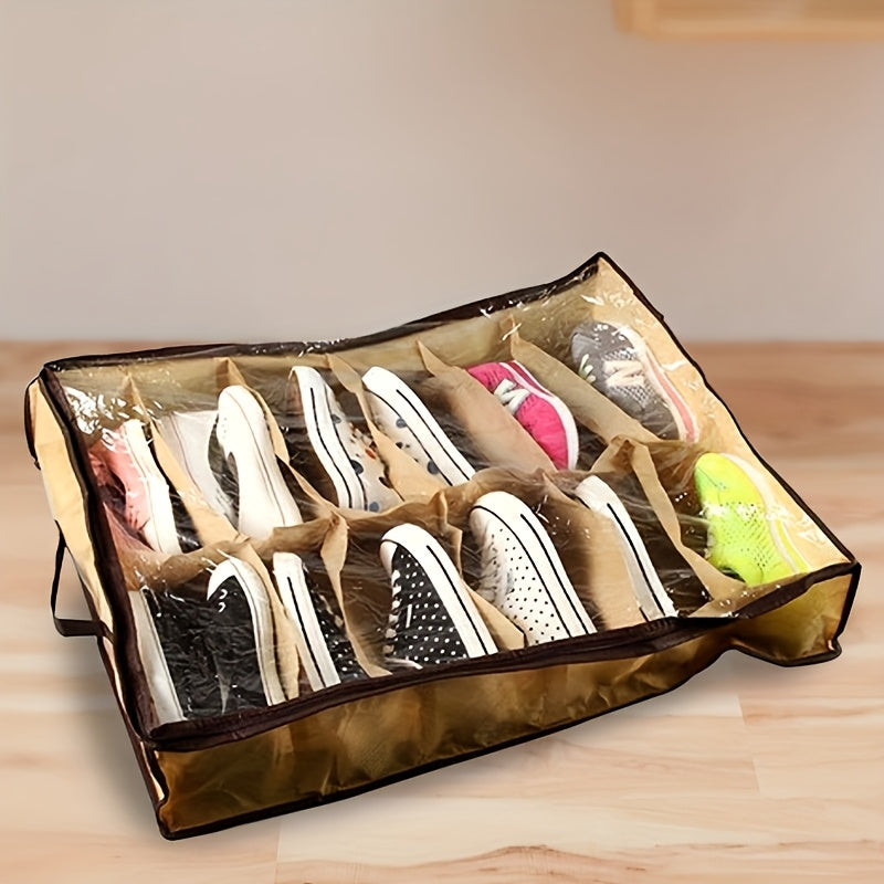 12-Grid Transparent Shoe Storage Bag Made of Washable Polyester Dustproof Moisture-Proof Under Bed Organizer