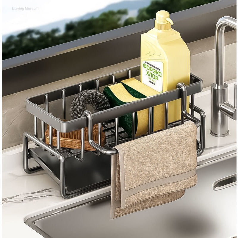 Multifunctional Plastic Sink Organizer with Towel Bar Kitchen Sponge Holder Soap Dish
