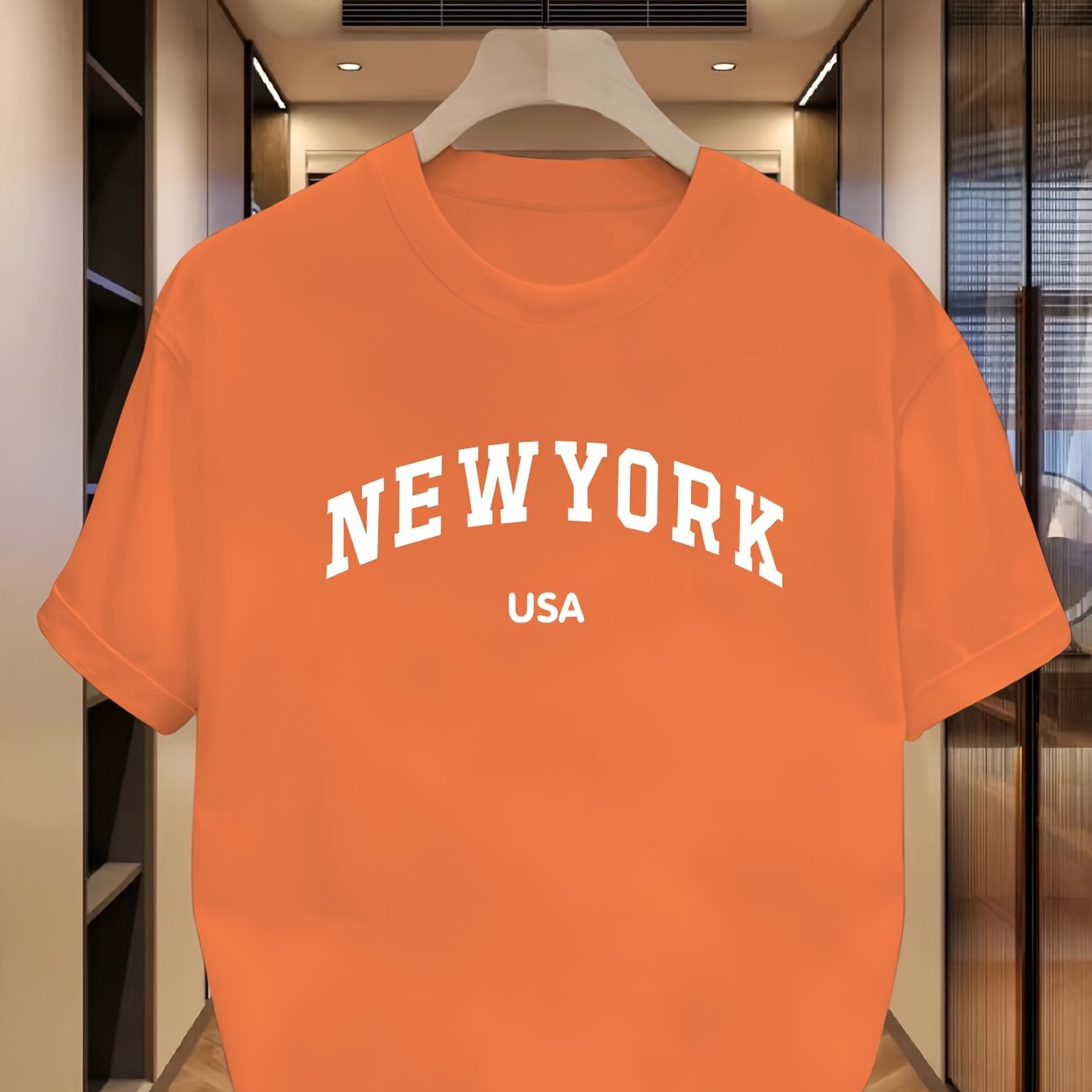 Camiseta de manga corta casual de verano para hombre con estampado de Nueva York, EE. UU., poliéster, elastano, ligero estiramiento, corte regular