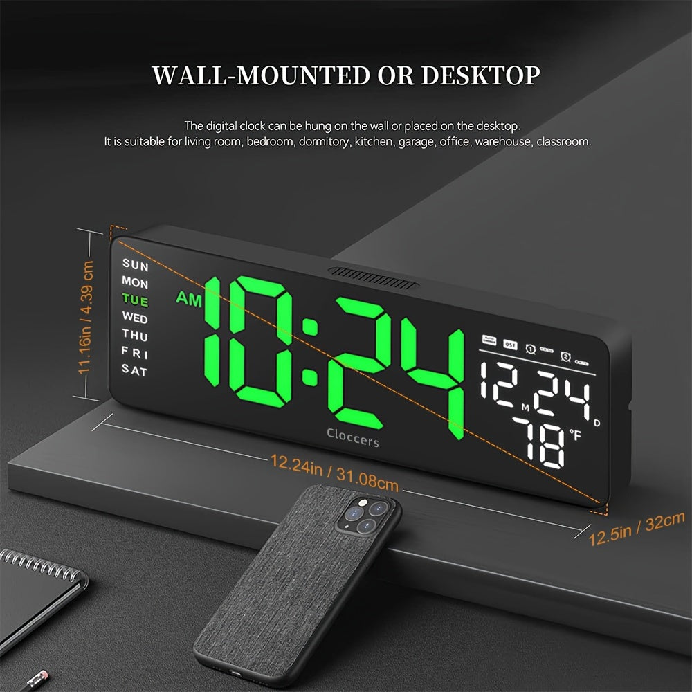 Large screen digital wall clock with indoor temperature date week display desk countdown timer 10-level brightness auto light LED dual alarm remote