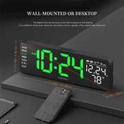 Large screen digital wall clock with indoor temperature date week display desk countdown timer 10-level brightness auto light LED dual alarm remote