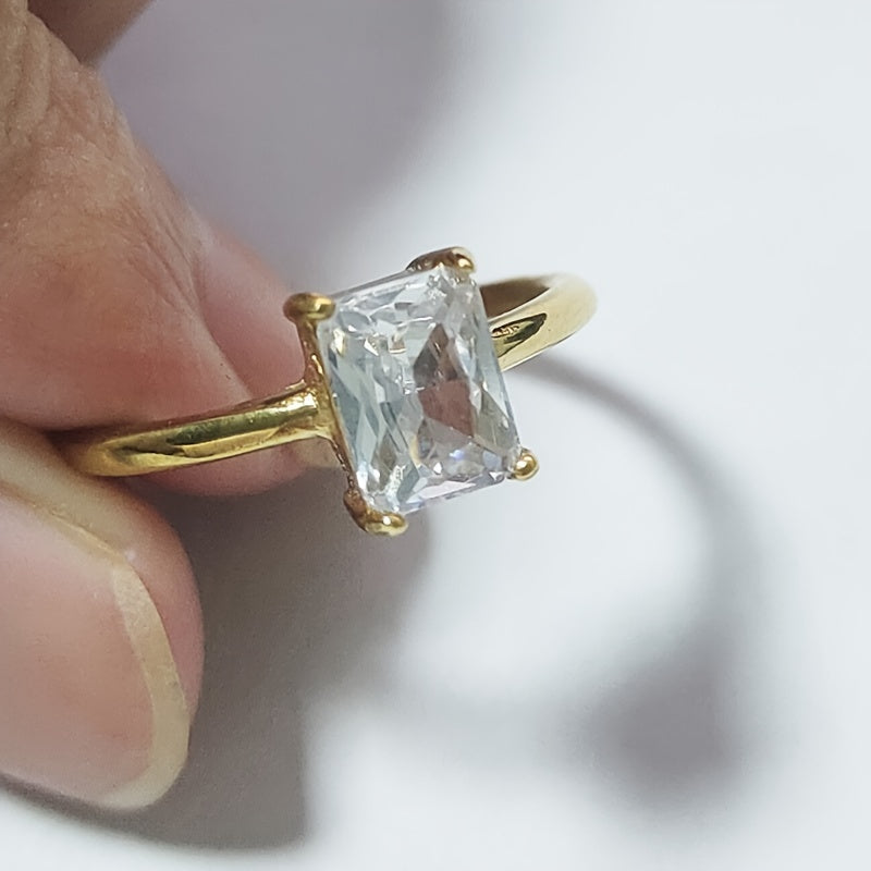 Gold Plated Titanium Steel Ring with Square Cut Zirconia Solitaire