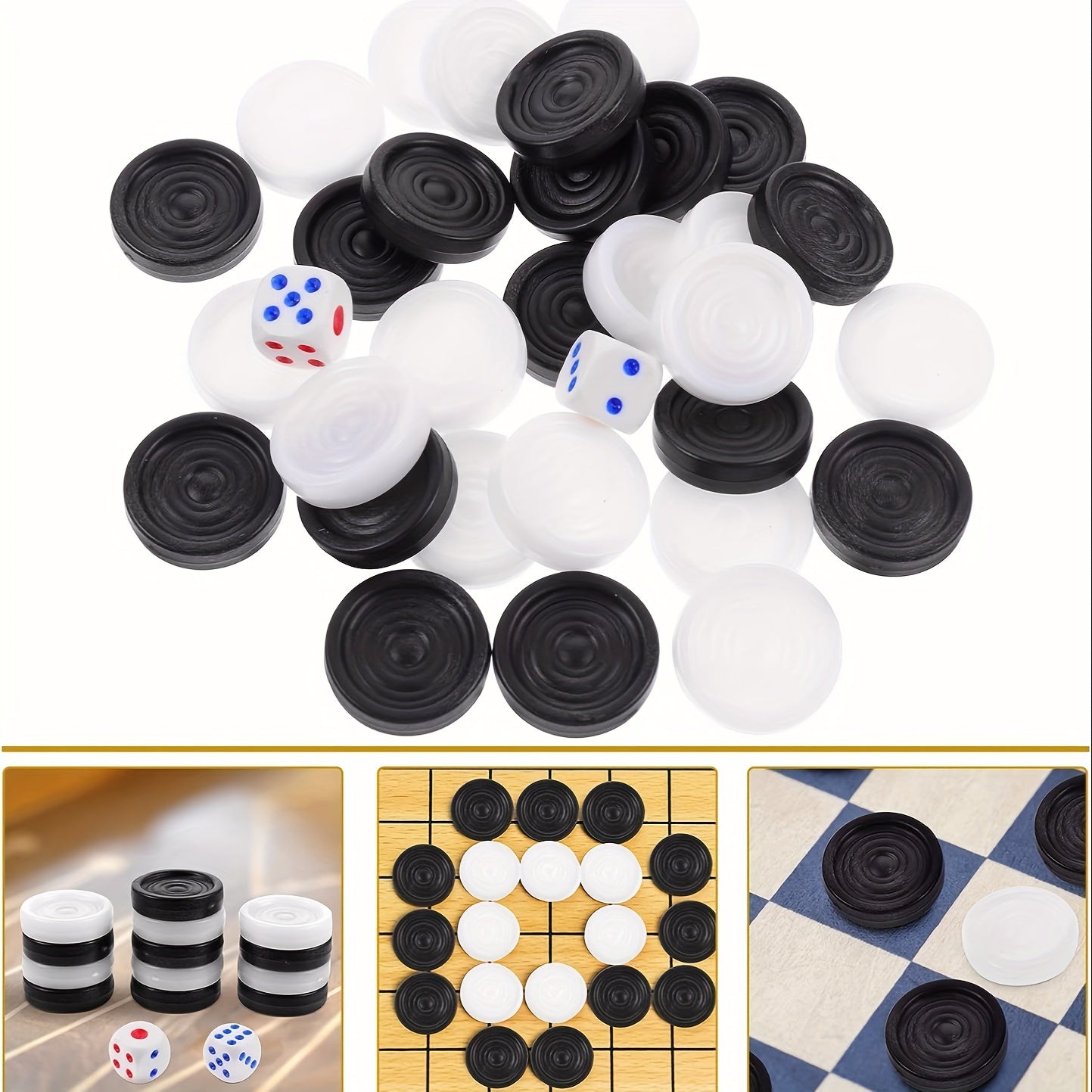 32 Black and White Plastic Backgammon and Chess Pieces for Board Games